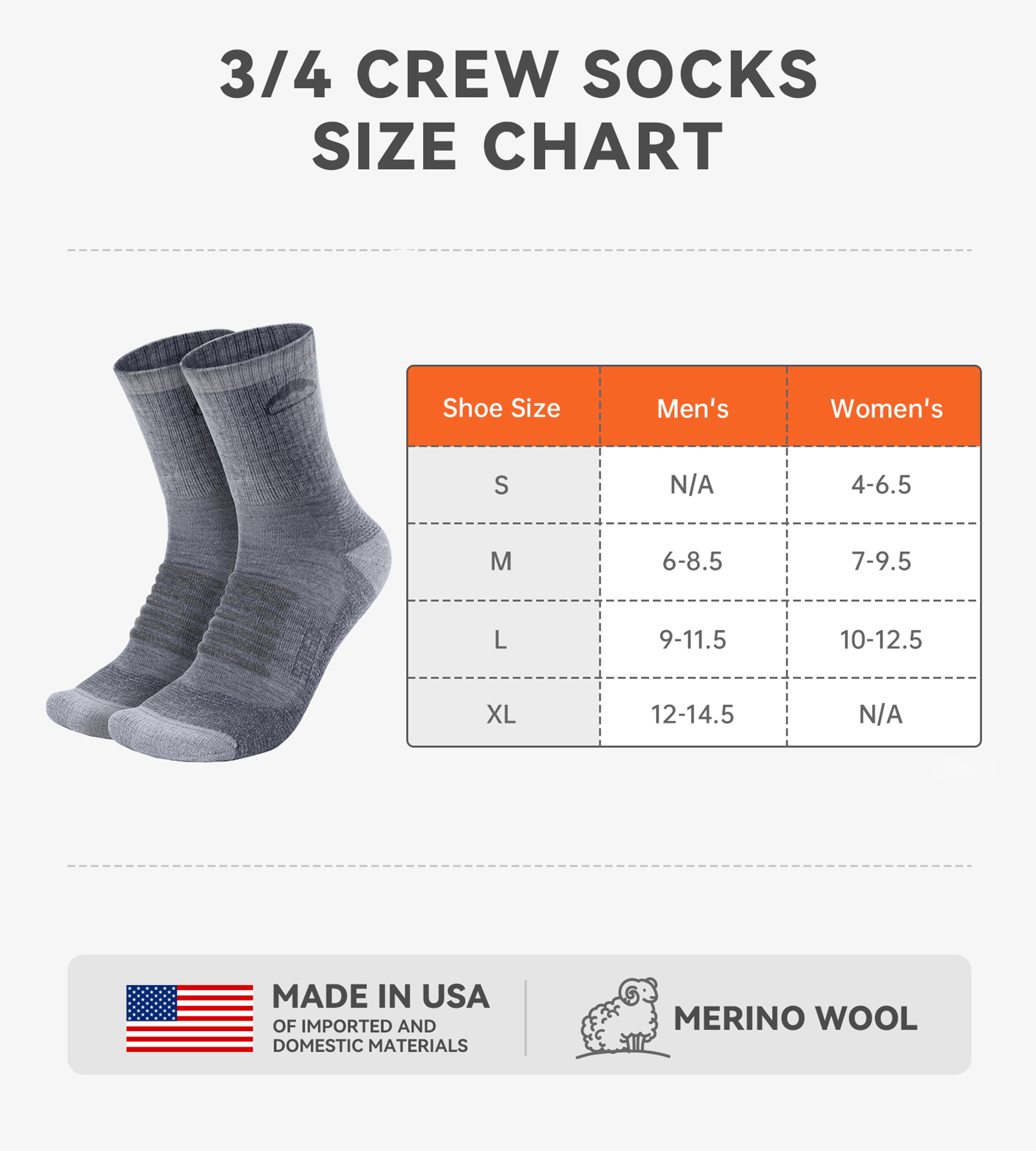 Charleston Midweight Merino Wool Hiking Socks ( 3/4 Crew, 1 Pair)