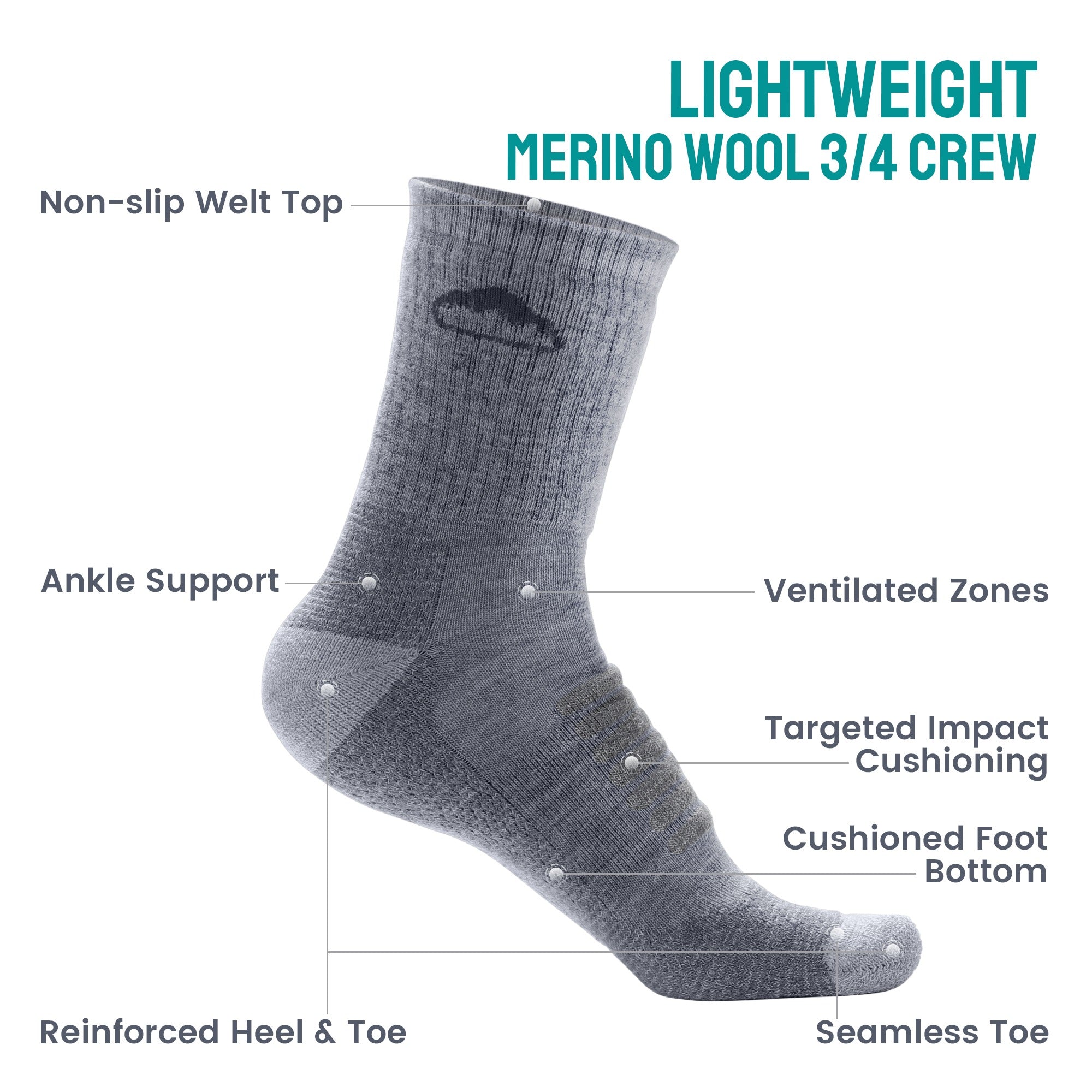 Charleston Midweight Merino Wool Hiking Socks ( 3/4 Crew, 1 Pair)