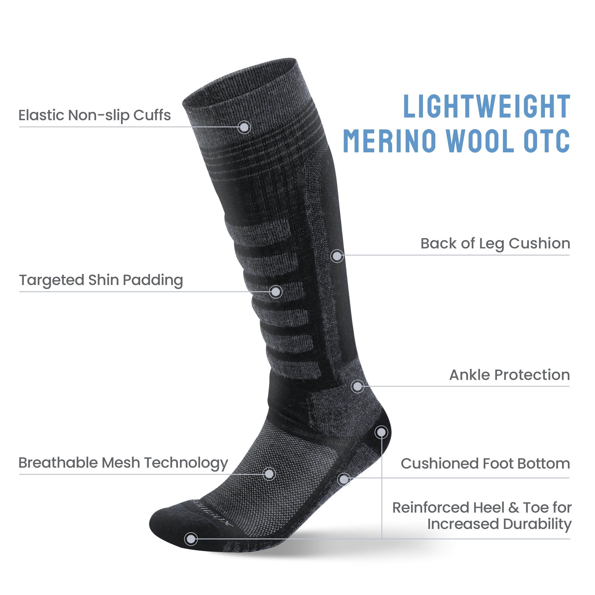 Ashland Midweight Merino Wool Ski & Snowboard Socks (Over the Calf, 1 Pair)