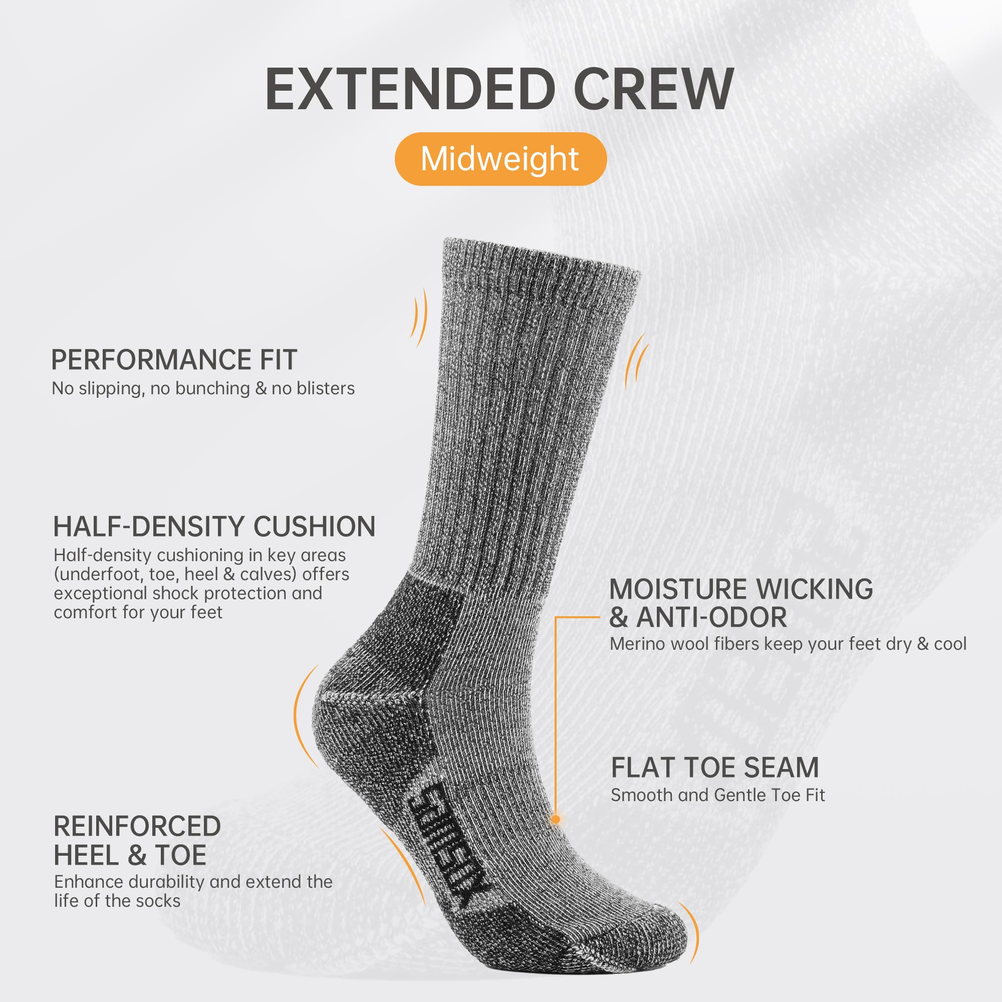 Bozeman Lite Midweight Merino Wool Expedition & Boot Socks (Extened Crew, 1 Pair)
