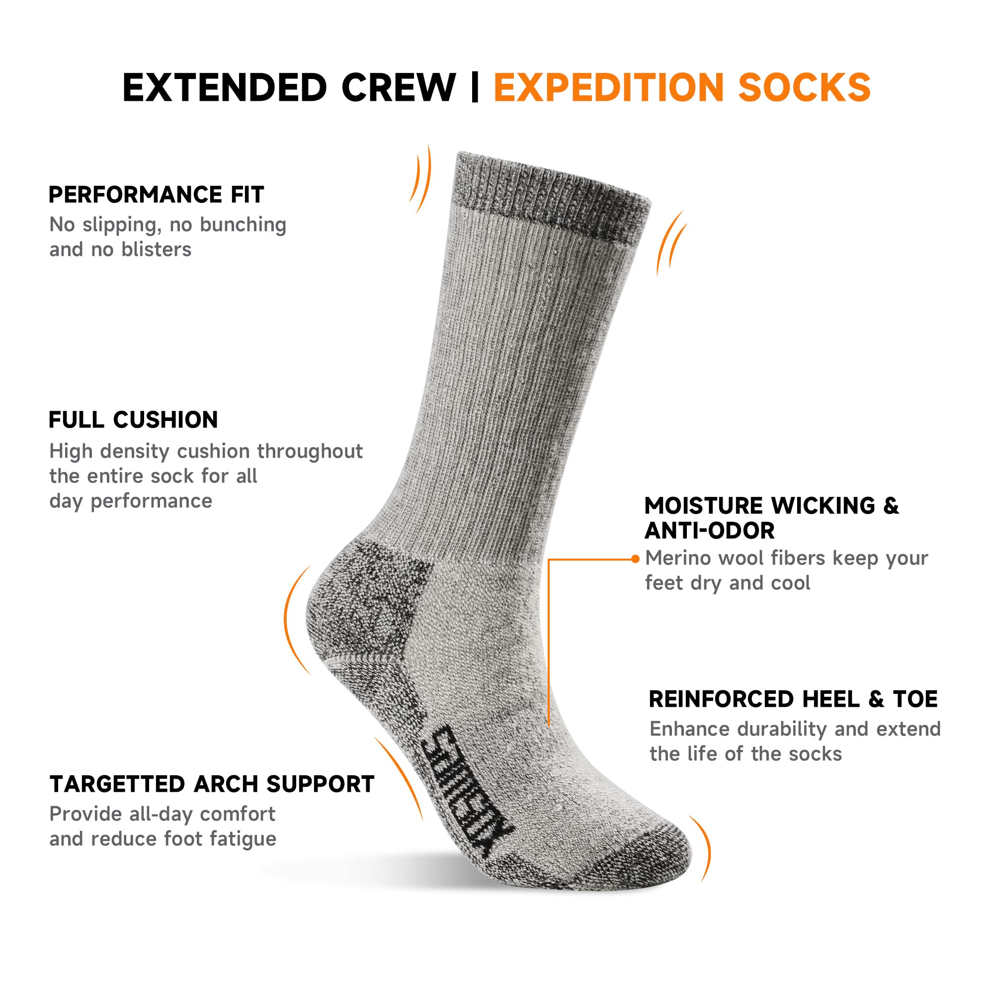 Bozeman Heavyweight Merino Wool Full Cushion Expedition & Boot Socks (Extended Crew, 1 Pair)