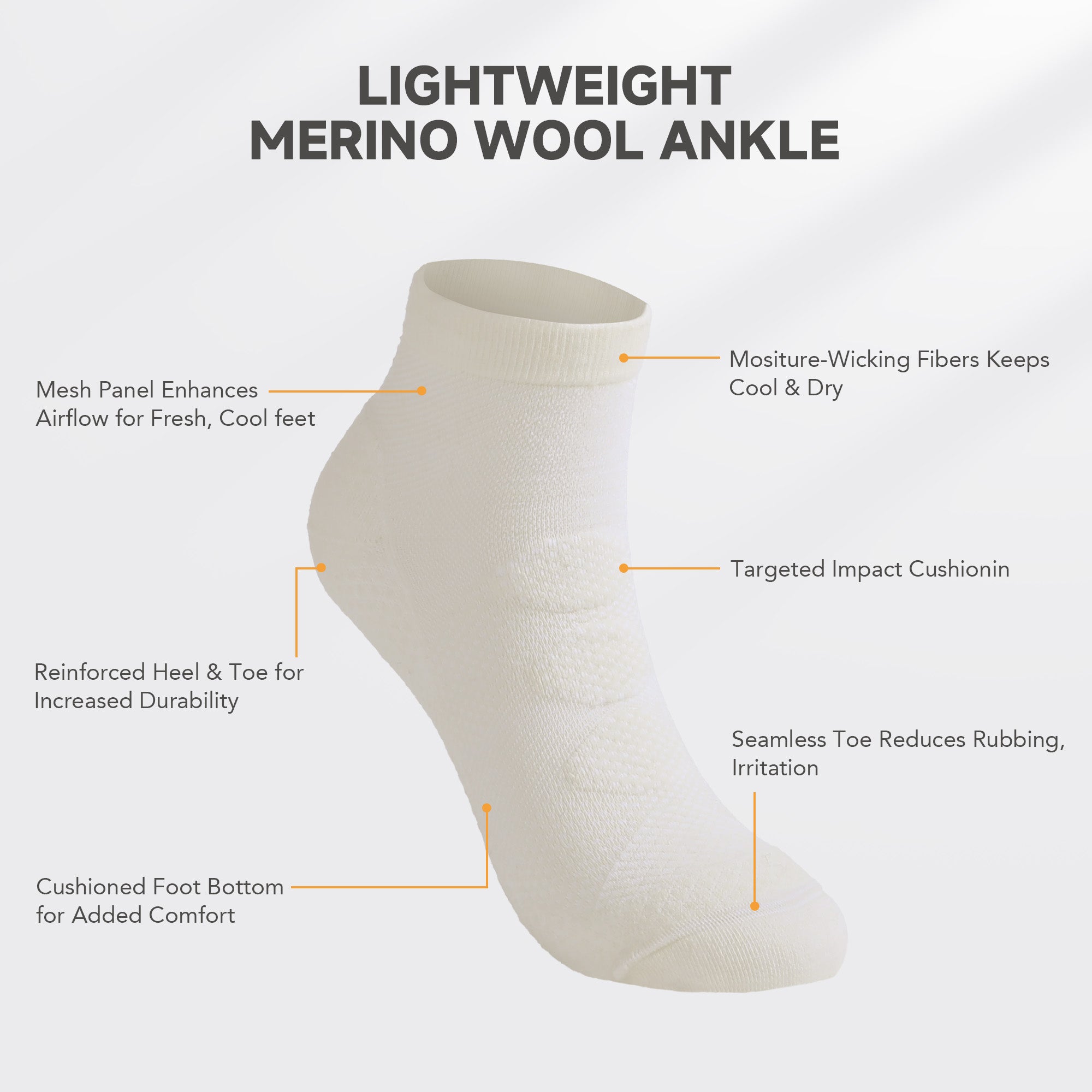 Beaverton Lightweight Merino Wool Cushioned Athletic Running Hiking Socks (Ankle Height, 2-Pair）