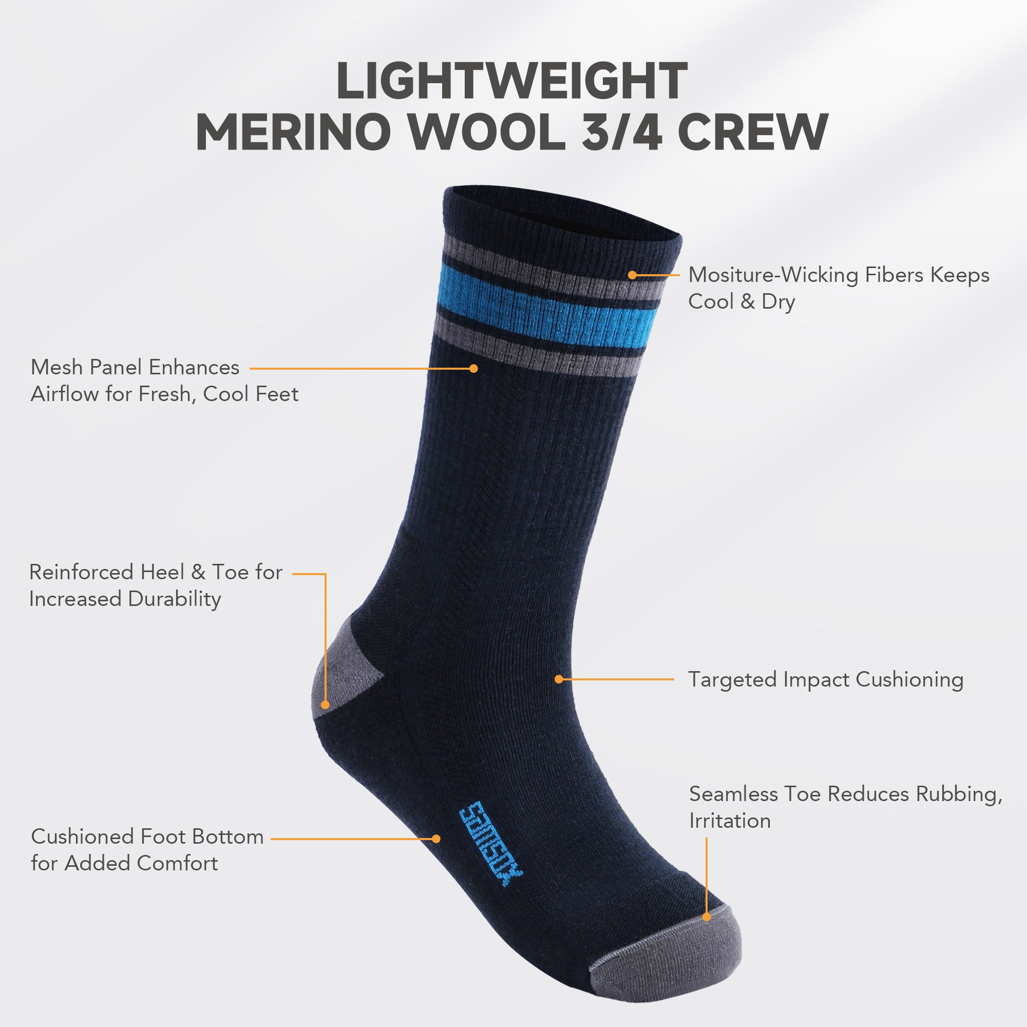 Nevada Lightweight Merino Wool Hiking Socks ( 3/4 Crew, 1 Pair)