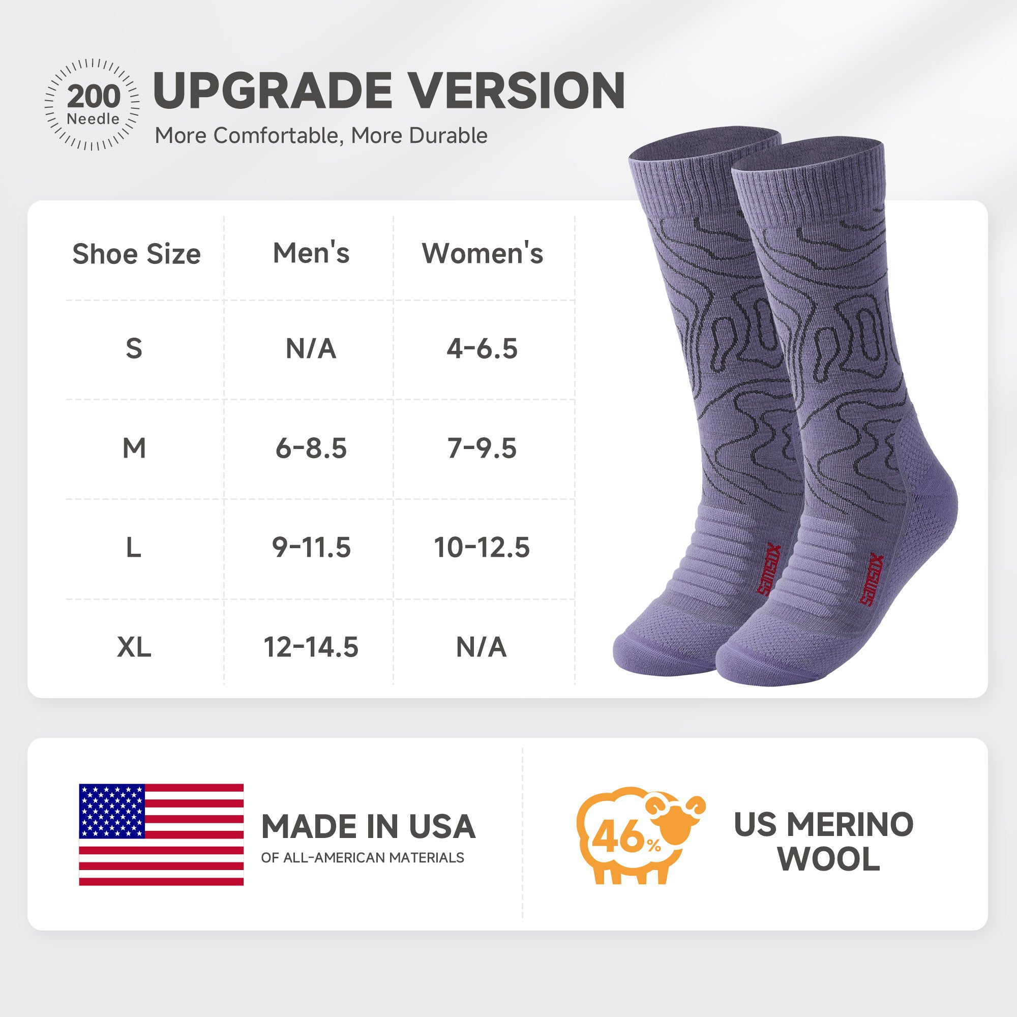 Sierra Lightweight Merino Wool Hiking Socks with Targeted Cushion (Crew, 1 Pair)