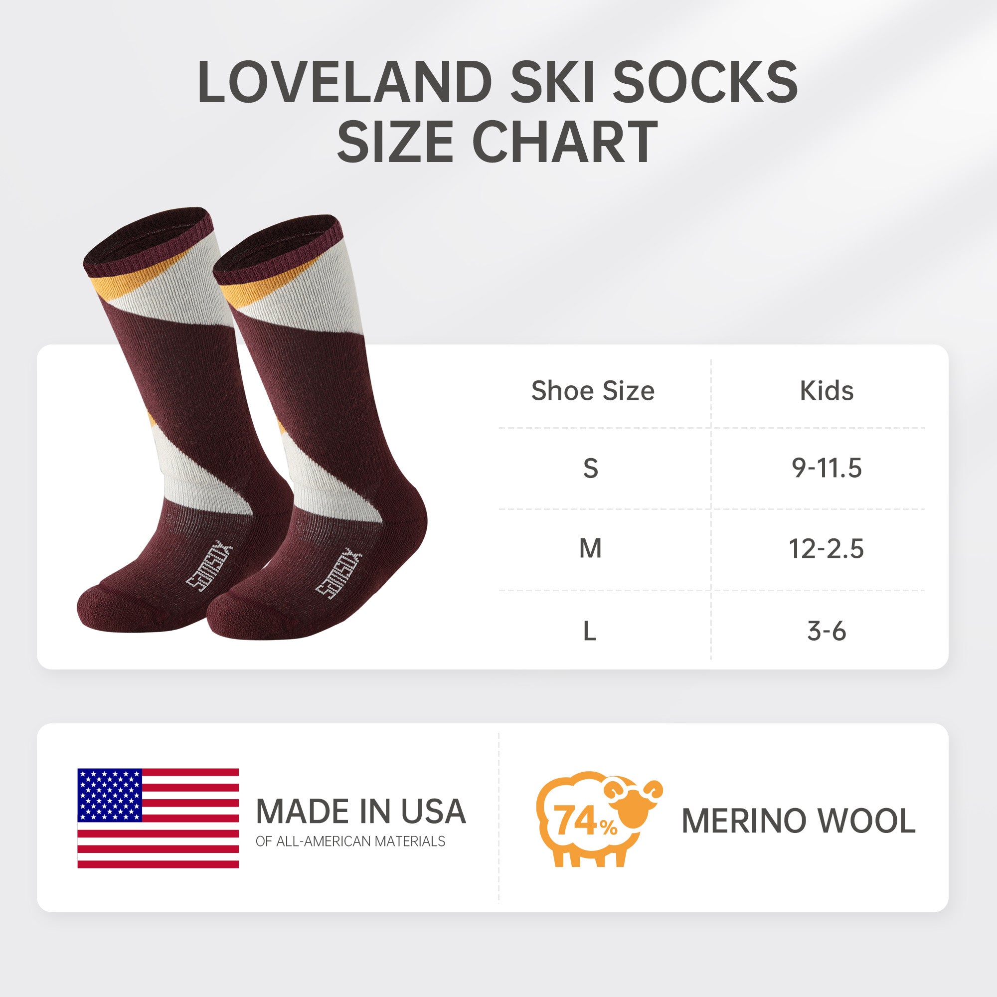Loveland Kids Heavyweight Merino Wool Ski & Snowboard Socks (Over the Calf, 1 Pair)